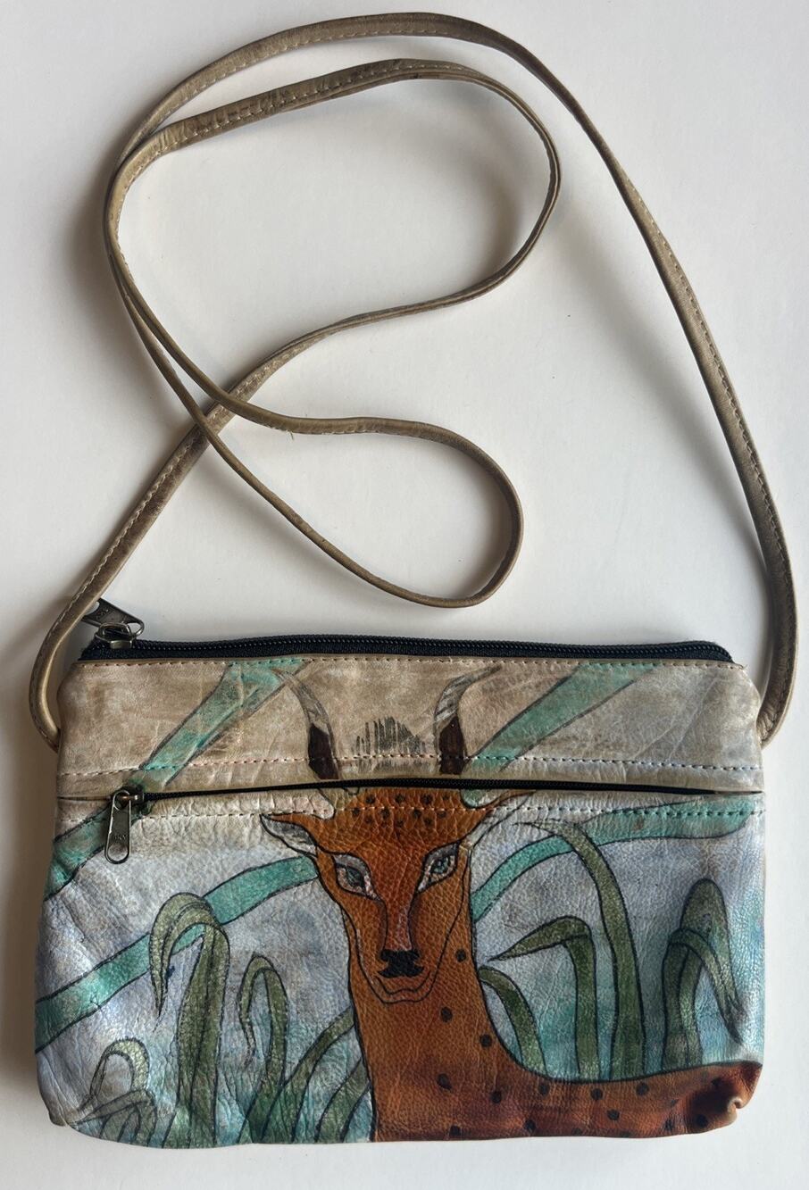 Vintage 90s Emily Ann of Boca Raton Hand Painted Leather Gazelle Crossbody Pouch